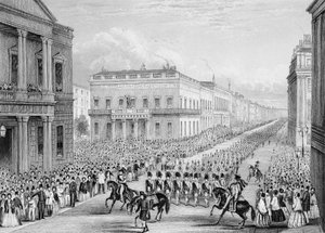 Wellingtons begravelsesprosesjon passerer Senior United Service Club, Pall Mall, London, 1852 av Thomas Hosmer Shepherd