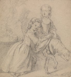 To jenter i et landskap, en som rir på et lam av Thomas Hudson