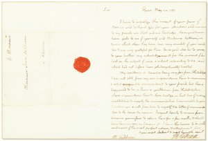 Autografbrev signert som USAs ambassadør i Frankrike, til Giovanni Fabbroni, Paris, 24. mai 1789