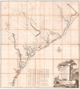 Et kart over South Carolina og en del av Georgia av De Brahm