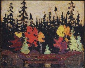 Svart gran og lønn, 1915 (olje på trepanel) av Tom Thomson