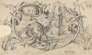 Design for et nettbrett for et skorsteinsstykke med to svaner i kamp, innelukket i en rulle..., 1762.
