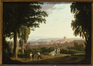 “Elegante figurer på en åsside med en fjern utsikt over Roma”