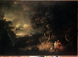 ""Stormscape with Aeneas and Dido"" (Landscape with Aeneas and Dido) Illustrasjon fra Virgils Aeneid. Maleri av Thomas Jones (1742-1803) 1769 Mål 137,5x193,5 cm Eremitagemuseet, St. Petersburg av Thomas Jones