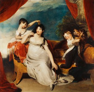 Gruppeportrett av fru Henry Baring og to av hennes barn og en stor hund, et landskap utenfor, ca. 1817-1824 av Thomas Lawrence