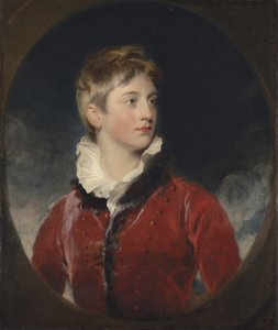 Portrett av Frederick William Stewart, 4. Marquess of Londonderry, K.P., M.P. (1805-1872) da en gutt, halvlang, i rød frakk, i en falsk oval (olje på lerret) av Thomas Lawrence