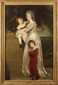 Portrett av fru Annesley stående i full lengde, i en hvit kjole med sine to barn av Thomas Lawrence