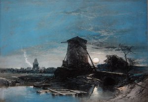 Et månebelyst nederlandsk landskap av Thomas Leeson the Elder Rowbotham
