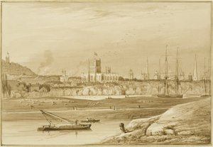 Bristol fra Coronation Road med Cumberland Road, New Cut og utsikt over kirkene i Bristol av Thomas Leeson the Elder Rowbotham