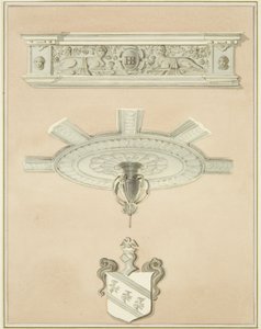 Detaljer om rommet i lovbiblioteket, inkludert anheng i sentralt tak og gesims (blyant og akvarell på papir) av Thomas Leeson the Elder Rowbotham