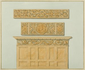 Deler av Paneling and Frieze, i Langton Mansion, på baksiden (akvarell på papir) av Thomas Leeson the Elder Rowbotham