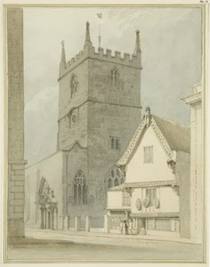 Peterskirken og prestegården i Petersgaten (blyant og akvarell på papir) av Thomas Leeson the Elder Rowbotham