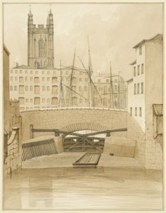 Stone Bridge vist Floodgates (blyant og akvarell på papir) av Thomas Leeson the Elder Rowbotham