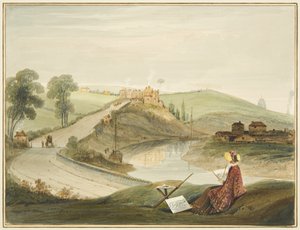 Totterdown og Pile Hill fra Bath Road, som viser Brislington Turnpike (med en Miss Braikenridge? Skisser) av Thomas Leeson the Elder Rowbotham