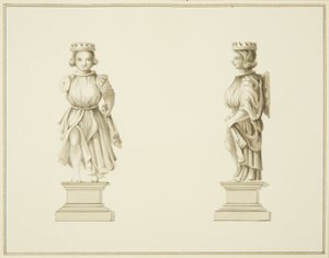 To visninger av en utskåret trefigur i vestry-rommet i St John's Church (blyant og akvarell på papir) av Thomas Leeson the Elder Rowbotham