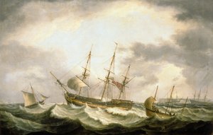 A Three Master adrift i Downs med hjelp for hånden (olje på lerret) av Thomas Luny