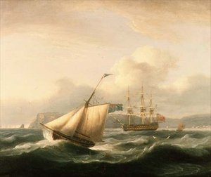En to-dekker forankret i Torbay havn, med en kutter i forgrunnen av Thomas Luny