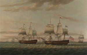 En indianer og en todekker hev til, sies å være Thomas Dumar, Esq. i HM Ship 'Portland' som leverer Leeward Island Convoy, i 1776 av Thomas Luny