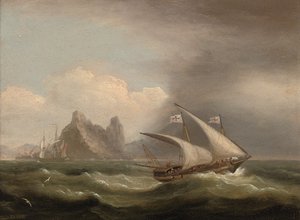 En væpnet Xebec i Middelhavet, en britisk fregatt utenfor hekken og løper forbi en steinete kystlibne, 1822 av Thomas Luny
