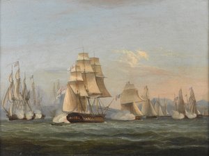 HMS Spartan & French Fregates: Beginning of the Action, 3. mai 1810 (Napolibukten) (olje på lerret) av Thomas Luny
