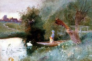 Children in a Punt at Evening (akvarell)