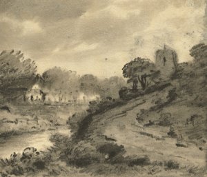 Et skogkledd elvelandskap med en stein i venstre forgrunn, ca.1800