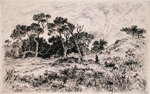 En sørlig vind og en overskyet himmel Proklamere det til en jaktmorgen (etsing) av Thomas Moran