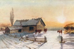 Gårdsplass på landet, vinter (fargelitografi)