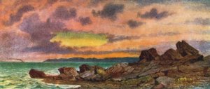 Stormfull solnedgang, kyst nær St. John, New Brunswick (fargelitografi)
