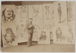 Portrett i helfigur av Thomas Nast med en gruppe karikaturer av Thomas Nast