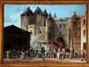 Place du Grand Chatelet i Paris Street scene på tidspunktet for den franske revolusjonen. Maleri av Thomas Naudet (1778-1810)