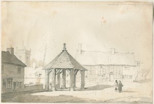 Abbots Bromley Tudor - Market Cross and House: blyant- og vasketegning av Thomas Peploe Wood
