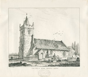 Acton Trussell Church: penn- og blekktegning, 1838 av Thomas Peploe Wood