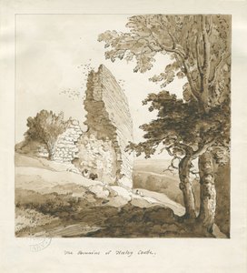 Audley - Heeley Castle: sepia-tegning av Thomas Peploe Wood