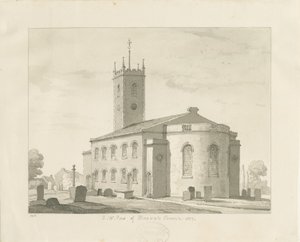 Bloxwich Church: sepia-tegning, 1837 av Thomas Peploe Wood