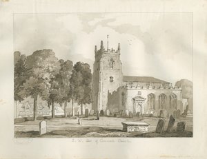 Cannock kirke: sepia tegning av Thomas Peploe Wood