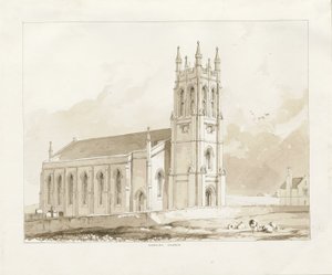 Coseley Church: sepia vasketegning, nd [1841] av Thomas Peploe Wood