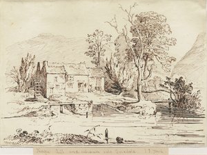 Dovedale - Thorpe Mill: penn- og sepia-tegning