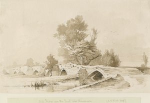 Handsacre - Old High Bridge: sepia-tegning, 1839 av Thomas Peploe Wood