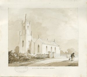 Hanford Church: blyant- og vasketegning, nd [?1838] (tegning) av Thomas Peploe Wood