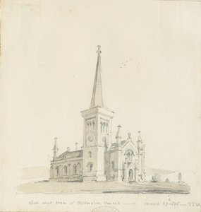 Hildersteinskirken: blyant- og vasketegning av Thomas Peploe Wood