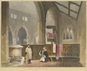Interiør i Standon Church: akvarellmaleri, og [?midten av 1800-tallet] av Thomas Peploe Wood