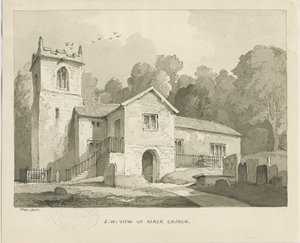 Maer kirke: sepia vasketegning, 1838 av Thomas Peploe Wood