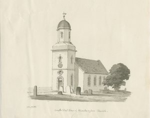 Marchington Church: sepia vasketegning, 1836 av Thomas Peploe Wood