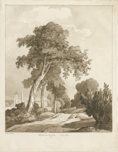 Marchington Church: sepia vasketegning, 1836 av Thomas Peploe Wood