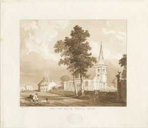 Rolleston Church: rød-sepia-tegning, 1836 av Thomas Peploe Wood
