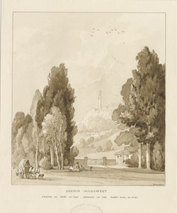 Sandon - Monument til William Pitt: sepia vasketegning, 1838 av Thomas Peploe Wood