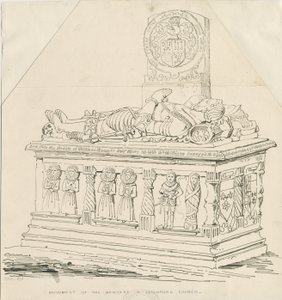 Seighford Church - Tomb of William and Mercy Bowyer: penn- og blekktegning av Thomas Peploe Wood