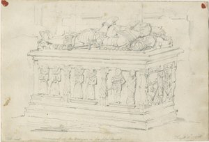Seighford Church - Tomb of William and Mercy Bowyer: blyanttegning av Thomas Peploe Wood