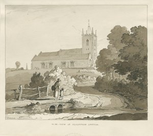 Seighford Church: sepia vask tegning av Thomas Peploe Wood